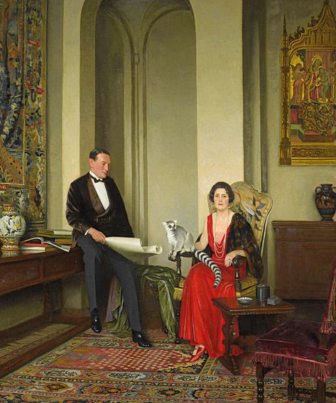 This 1934 portrait, ‘At Forty-Seven Grosvenor Square’, by Leonard Campbell Taylor, shows Stephen and Virginia Courtauld with their pet lemur, Mah-Jongg, in the music room of their home in Grosvenor Square Eltham Palace, Claudio Bravo, Mah Jong, Mah Jongg, Palace London, Deco Interiors, 1930's Fashion, Digital Museum, English Heritage