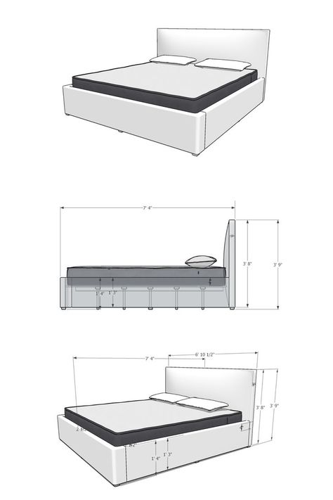 Bed Structure Design, Bed Detail Drawing, Yacht Furniture, Plywood Bed, Bed Drawing, Furniture Details Drawing, Upholstered King Bed, Work Bed, Bed Measurements