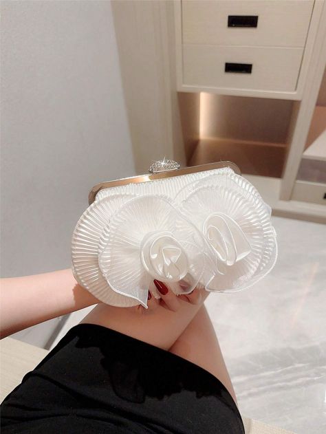 Moonlit EveBag An Elegant Pleated Flower Clutch Bag, Romantic White Wedding Bag, Formal Party Handbag, Evening Bag With Chain StrapI discovered amazing products on SHEIN.com, come check them out! Flower Clutch, Rhinestone Bag, Ruched Bag, Prom Clutch, Party Handbags, Floral Handbags, Bridal Fabric, Party Purse, White Handbag