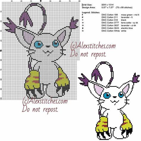 Gatomon Digimon free cross stitch pattern 80x101 7 colors Geeky Embroidery, Pokemon Crochet Pattern, Free Cross Stitch Pattern, Pokemon Cross Stitch, Free Cross Stitch Patterns, Stitching Patterns, Geek Crafts, Pixel Pattern, Pixel Art Pattern