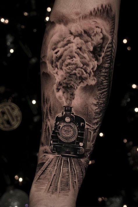 Black Train Tattoo, Steam Engine Tattoo, Train Tattoo Ideas, Railroad Tattoo Ideas, Freight Train Tattoo, Train Tattoos For Women, Train Track Tattoo, Railroad Tattoo, Steam Train Tattoo