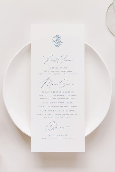 Plated Dinner, Wedding Menus Design, Reception Table Decor, Elegant Wedding Menu, Wedding Dinner Menu, Gold Foil Wedding Invitations, Elegant Wedding Reception, Foil Wedding Invitations, White Wedding Cakes