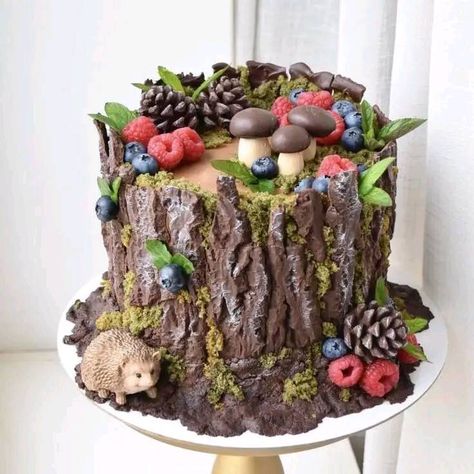 Forest Theme Cakes, Enchanted Forest Cake, Moss Cake, Tree Stump Cake, Nature Cake, Mushroom Cake, Fondant Cake Designs, Woodland Cake, Fantasy Cake