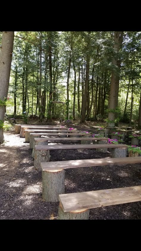 Wedding benches Wedding Benches, Ceremony Benches, Wedding Bench, Outdoor Chapel, Weird Ideas, Wood Stumps, River Wedding, Rustic Bench, Wedding Themes Fall