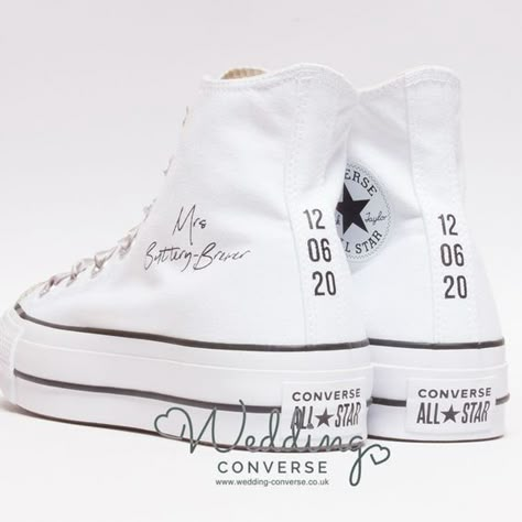 Wedding Day Converse The Bride, Custom Bride Converse, Wedding With Converse Shoes, Bride Trainers Wedding Shoes, Bride Converse Shoes High Top, Converse For Brides, Wedding Custom Shoes, Matching Converse Wedding, Converse And Wedding Dress