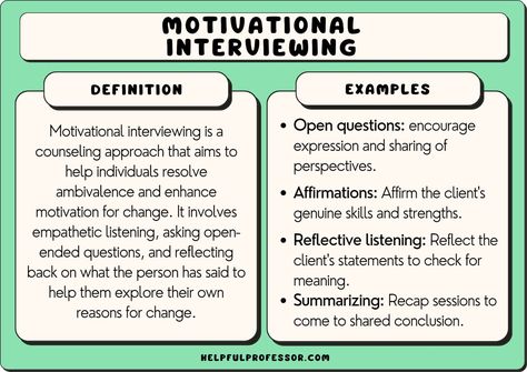 Motivational interviewing is a therapeutic approach from counseling and psychology that aims to enhance a client’s intrinsic motivation. The four key principles of motivational interviewing are remembered through the acronym RULE (Haque & D'Souza, 2019): Motivational Interviewing Cheat Sheet, Motivational Interviewing Questions, Motivational Interviewing Techniques, Therapist Worksheets, Interviewing Questions, Case Management Social Work, School Values, Future Therapist, Being A Therapist