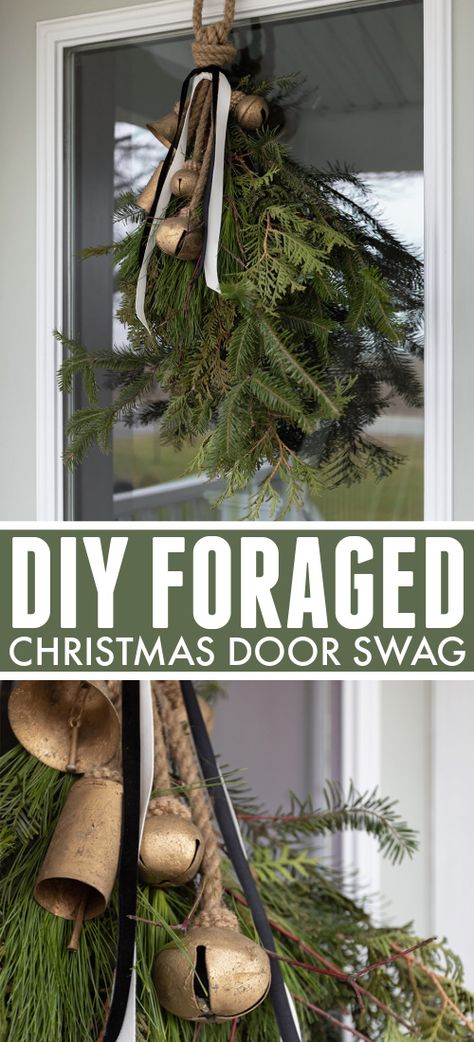 Christmas Door Greenery, Christmas Greenery Door, Evergreen Swag Diy, Diy Christmas Wreath Fresh Greenery, How To Make A Christmas Door Swag, Eucalyptus Door Swag, Pinecone Door Swag, Cedar Swag Diy, Christmas Swag Wreaths For Front Door