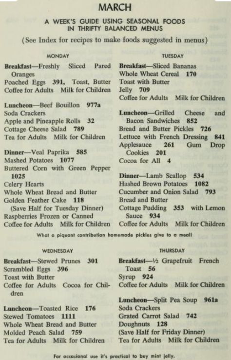 A week of REAL vintage menus to make at home! Breakfast, lunch, and dinner mid-century menu ideas for the vintage housewife in quarantine. #1940shousewife #1950shousewife #midcenturymenu #midcenturymom 1940s Dinner Recipes, 1940s Meals, 1950s Meal Plan, 50s Menu Design, School Cafeteria Food, Wartime Recipes, Diner Menu, Happy Homemaking, Cafeteria Food