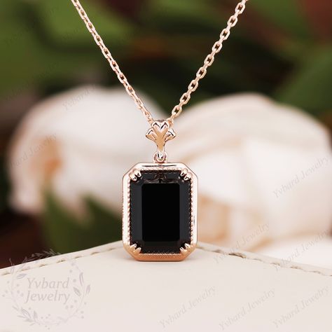 "❤Jewelry Details -Gold Type : 14k gold / 18k gold (Choose One in Material Option) Center Stone: Natural Black Onyx 8*11mm, Approximately 2.8ct Cut: Emerald Cut / 3EX -Pendant Width: 10.2mm -Pendant Height: 19mm -Chain Length: 40+3+3cm -Or Without Chain SKU: YP0066 ❤The link for the same style ring is https://www.etsy.com/listing/925188792/emerald-cut-black-onyx-engagement-ring?click_key=1e5e0f41f9bd651a73f5a50d5e0c867290af1830%3A925188792&click_sum=48841757&ref=shop_home_active_3&pro=1&frs=1&st Onyx Pendant Necklace, Black Stone Necklace, Black Agate Necklace, Necklace Art Deco, Black Onyx Pendant, Black Onyx Jewelry, Onyx Engagement Ring, Anniversary Necklace, Black Onyx Earrings