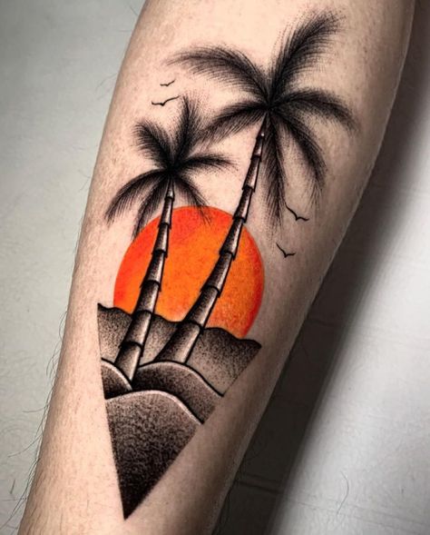 Sunset Water Tattoo, Beach Chest Tattoo, Cancun Tattoo Idea, Beach Tattoo For Men, Miami Tattoo Ideas, Pirates Tattoo, Summer Tattoo Ideas, Minimalist Tattoo Design, Unique Tattoos Black Women