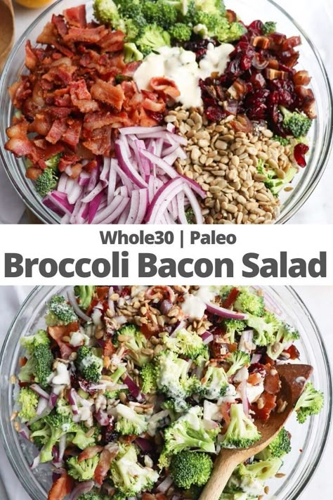 Whole30 Broccoli, Broccoli Bacon Salad, Lemon Garlic Dressing, Broccoli Salad With Bacon, Salad Broccoli, Healthy Broccoli Salad, Broccoli Bacon, Sweet Dressing, Healthy Broccoli