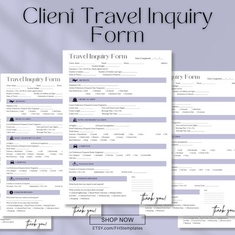 Enhance your travel agency’s client intake process with our Travel Agent Client Intake Form! 🌎 This travel inquiry form, easily editable in Canva, is designed for travel agents and advisors to streamline client onboarding and gather essential information. #TravelAgent #ClientIntakeForm #TravelInquiry #TravelAdvisor #AgencyForms #ClientOnboarding #CanvaTemplates #TravelBusiness #TravelProfessionals #StreamlineWorkflow #CustomizableForms #TravelIndustry #ClientManagement #TravelAgency #TravelPr... Travel Format For Client, Travel Agent Checklist, Travel Agent Client Forms, Travel Agent Forms, Why Hire A Travel Agent, Travel Agent Quote Template, Client Management, Travel Brand, How To Get Clients