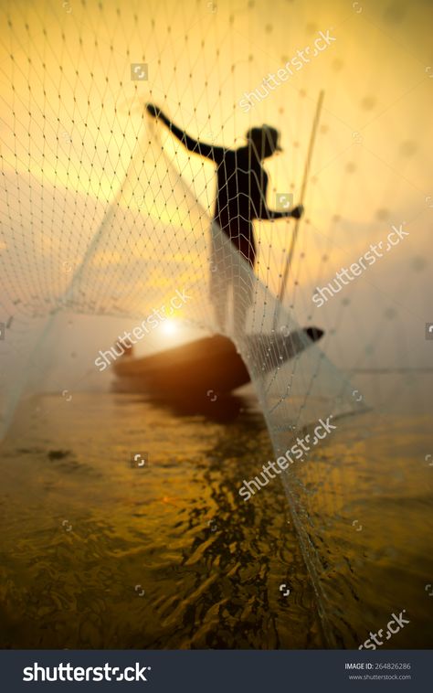 Silhouettes fisherman throwing fishing nets during sunset, Thailand. Sunset Thailand, Fishing Nets, Royalty Free Stock Photos, Fishing, Thailand, Stock Images, Fish, Stock Photos, Illustrations