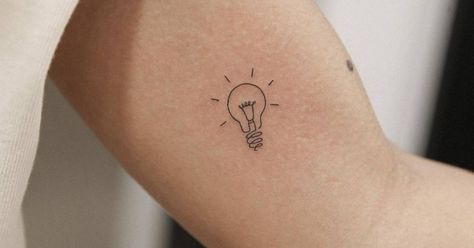 Fine line light bulb tattoo on the inner arm. Lightbulb Tattoo Simple, All Lights Turned Off Tattoo, Light Bulb Tattoo, Bulb Tattoo, Lightbulb Tattoo, Light Tattoo, Ribbon Tattoos, Minimalist Line Art, Line Light