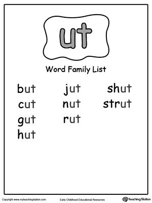 UT Word Family List: List of short common words ending with –UT to help your child identify the sound and patterns as they begin learning to read and write. En Family Words, At Family Words Worksheet, At Word Family Worksheet, An Family Words Reading, Am Family Words Worksheet, Word Family List, 3 Letter Words, Word Family Worksheets, Kindergarten Reading Worksheets