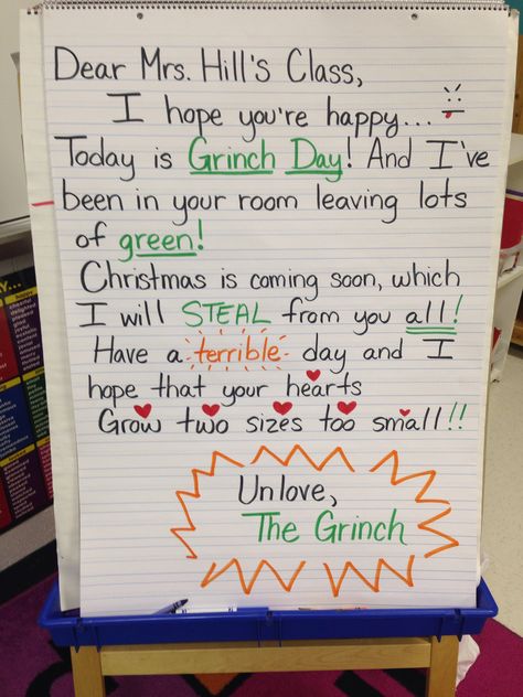 A letter from The Grinch! Grinch Day 1st Grade, Letter From The Grinch, Classroom Grinch Party, Grinch Day First Grade, Grinch Day Classroom, Preschool Grinch Day, Grinch School Party, Grinch Classroom Activities, Grinch Activities Kindergarten