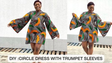 A line gown with trumpet sleeves Chitenge Outfits, Short Dress Patterns, Short A Line Dress, Sewing Sleeves, Sewing Shorts, Short Tunic, Trumpet Sleeves, African Maxi Dresses, Trumpet Sleeve