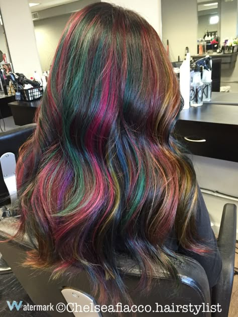 Rainbow Streaks In Hair, Rainbow Highlights Hair Brown, Subtle Rainbow Hair, Dark Rainbow Hair, Black Hair With Colored Highlights, Colored Highlights In Brown Hair, Oil Spill Hair, Oil Slick Hair, Blonde Hair With Bangs