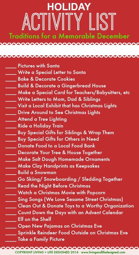 Holiday Activity List for Memorable, Fun, and Special Traditions to do with your Children and with your Family During the Month of December Activities List, Activity List, Glume Harry Potter, Johnny Galecki, Fit Abs, Christmas Bucket List, Month Of December, Christmas Bucket, December Holidays