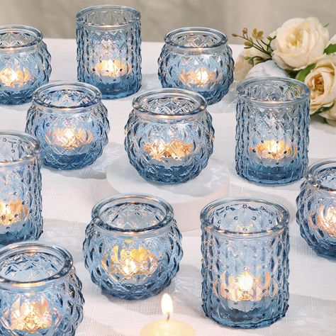 PRICES MAY VARY. ❤️❤️[ Choice for Wedding Shower ]❤️❤️: DARJEN Blue candle holders are so perfect for your wedding shower. This blue color is subtle and sheer, the glass reflects the light from the candle in such a pretty way. They bring a romantic and joyful glow to your party, creating a beautiful atmosphere for you and your guests. Whether it is decorative or gift for wedding shower, they are your best choice. ❤️❤️[ Unique Diamond Textured Style ]❤️❤️: This is the spark collision of noble and Light Blue Table Decor, Waterfront Wedding Decor, Glass Wedding, Blue Glass Wedding Decor, Bridal Shower Decorations Blue, Navy Blue And Sea Glass Wedding, Blue And Green Wedding Decor, Engagement Party Blue And White, Ocean Themed Wedding Decorations