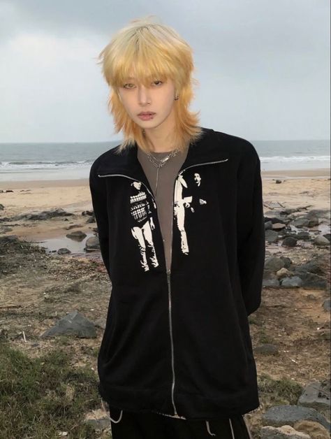 grieve#1871 Long Hair Men With Bangs, Men's Wolf Cut, Male Jellyfish Haircut, Black And Blonde Hair Men, Wolf Cut Mullet Men, Japanese Boy Aesthetic, Male Bangs, Wavy Hair Mullet, Blond Mullet