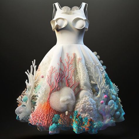 Coral Inspired Dress, Coral Reef Fashion Haute Couture, Aquatic Costume Ideas, Ocean Inspired Costume, Sea Inspired Wedding Dress, Coral Reef Inspired Dress, Bleached Coral Reef, Sea Dress Fashion, Sea Life Inspired Fashion