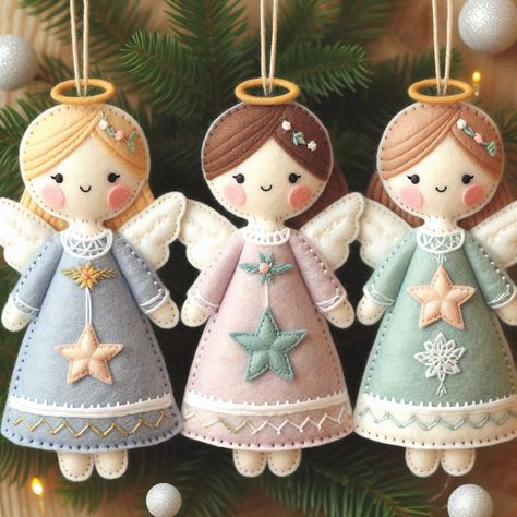 Christmas Felt Patterns Templates, Felt Angels, Vintage Felt Ornaments, Felt Angel Ornaments, Felt Angel Ornaments Free Pattern, Felt Christmas House Ornaments, Svg Files For Cricut Wool Felt Angels, Christmas Ornament, Angel Fabric Ornament