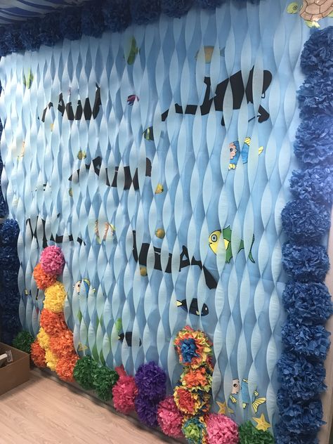 Scuba Diver Party Decorations, Under The Sea Open House Ideas, Underwater Display Classroom, Ocean Decorations Party Sea Theme, Under The Sea Cricut Ideas, Under The Sea Hoco Float, Shark Classroom Decorations, Under The Sea Office Decor, Under Sea Classroom Theme