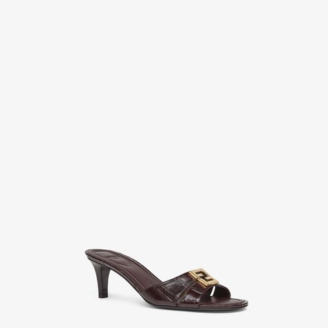 Fendi FFold - Brown eel leather medium-heeled sandals | Fendi Fendi Heels, Brown Heels, Fragrance Gift, Women Essentials, Boston Bag, Ski Wear, Special Design, Heeled Sandals, Belt Bag