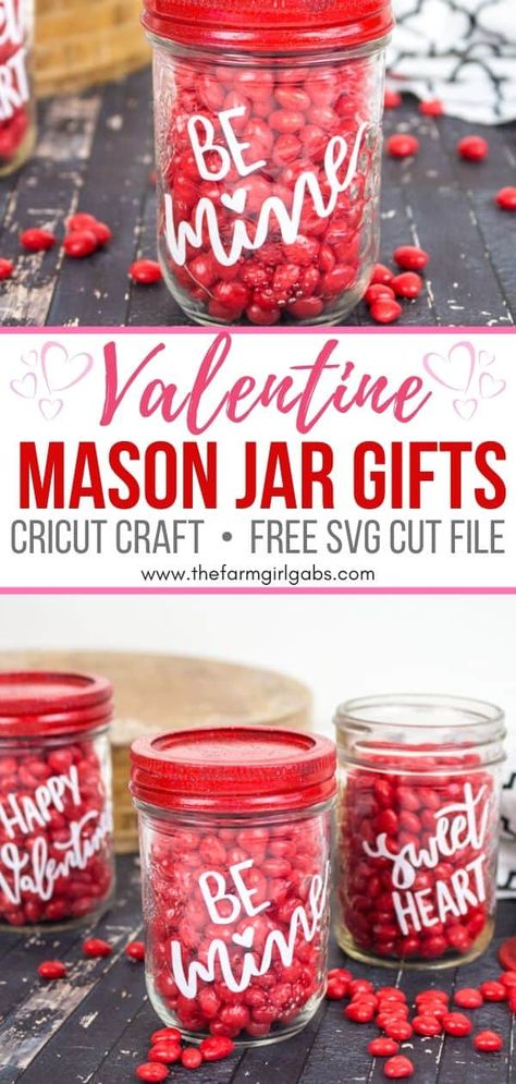 Valentines Cricut Ideas, Candy Mason Jars, Painted Mason Jar Crafts, Cricut Valentines Projects, Valentine Mason Jar, Cricut Valentine, Mason Jar Candy, Craft Cricut, Easy Valentine Crafts