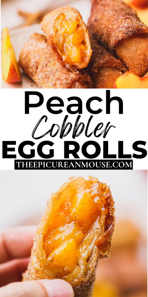 These peach cobbler egg rolls are the perfect dessert to make when peaches are in season. They are loaded with fresh peaches, warm spices and have a crispy golden shell that is to die for. Peach Cobbler Egg Rolls, Recipe For Peach Cobbler, Cobbler Peach, Pie Peach, Fresh Peach Recipes, Spiced Peaches, Peach Muffins, Diy Dessert, Peach Dessert Recipes