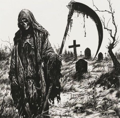 Damned Souls Art, Occult Art Dark, Grim Reaper Skeleton, Grim Reaper Drawing, Reaper Drawing, Halloween Props Scary, Metal Drawing, Grim Reaper Tattoo, Grim Reaper Art