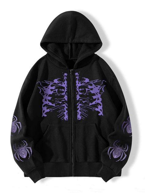 Skeleton Print Zip Up Thermal Lined Hoodie | SHEIN EUR Punk Fabric, Spider Skull, Skull Spider, Oversized Zip Up Hoodie, Y2k Men, Baby Tees Y2k, Y2k Baby Tee, Lined Hoodie, Sweatshirt Zipper