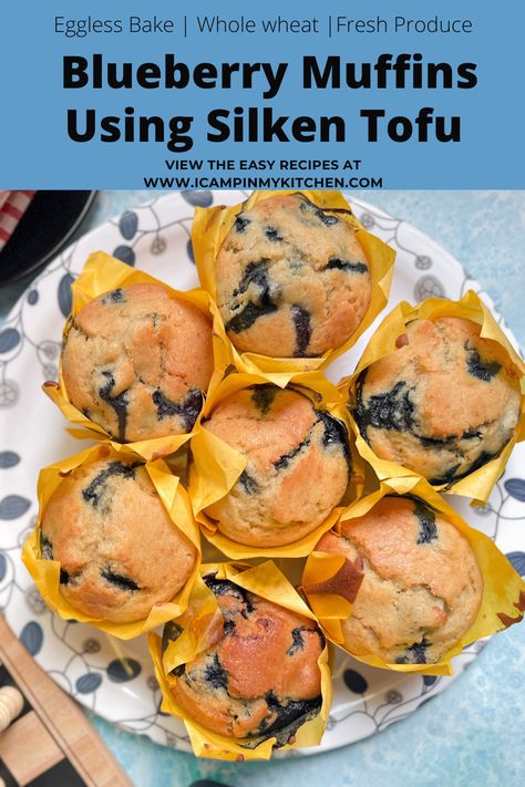 Blueberry Muffin | Eggless | Using Silken Tofu Silken Tofu Muffins, Silken Tofu Breakfast, Tofu Muffins, Tofu Desserts, Eggless Blueberry Muffins, Breakfast Tofu, Whole Wheat Blueberry Muffins, Silken Tofu Recipes, Tofu Dessert