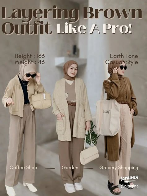 Earth Tone Hijab Outfit, Ootd Earth Tone Hijab, Mix And Match Outfits Hijab Casual, Cream Outfit Hijab, Celana Khaki, Outfit Earth Tones, Beige Cardigan Outfit, Brown Cardigan Outfit, Earth Tone Outfits