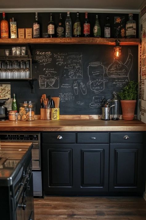 "Add a unique touch to your kitchen with a Chalkboard Paint Accent Wall! 🖌️🍳 Perfect for a creative and functional design. #DIYChalkboardPaint #KitchenInspo #HomeRenovation" Chalkboard Painted Wall, Black And Colorful Kitchen, Dark Kitchen Paint Colors, Black Kitchen Wall Ideas, Small Dark Kitchen Ideas, Black Accent Wall Kitchen, Black Wall Kitchen, Chalkboard Ideas For Kitchen, Chalkboard Paint Kitchen