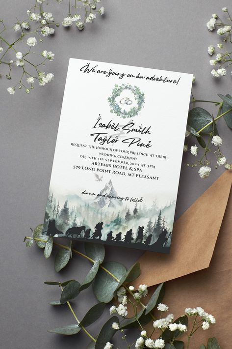 🌿✨ Unveiling our Lord of the Rings and Hobbit inspired Wedding Invitations! 🌳✨ Step into a world where love meets legend with our latest wedding invitation design, perfect for couples who cherish the elegance of elven charm and the timeless beauty of Middle-earth. #AlternativeWedding #ThemedWedding #FairytaleWedding #UniqueWeddings Lord Of The Rings Wedding Invitations, Middle Earth Wedding, Sci Fi Wedding, Lotr Wedding, Wedding Gothic, Dark Wedding Theme, Geek Wedding, Dark Wedding, Business Board