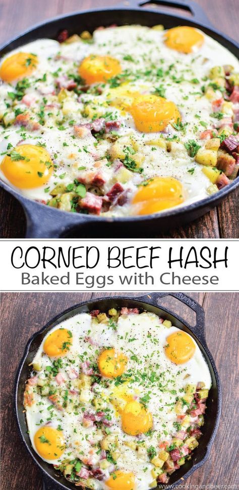 A St. Patrick's Day must-have: Corned Beef Hash Baked Eggs with Cheese recipe is perfect for breakfast or dinner!  | St Patricks Day Breakfast Food, Irish Breakfast Recipes, Dinner Eggs, Cheese Substitute, Irish Foods, Potato Skillet, Corn Beef, Irish Dishes, Baked Eggs Recipe