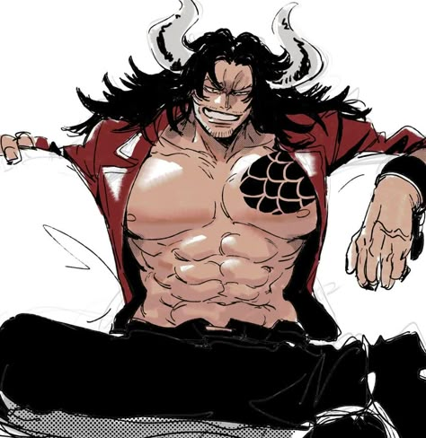 One Piece Men Fanart, One Piece Kaido Fanart, King One Piece Fanart, Man Spreading Drawing Reference, Fukaboshi One Piece, Male Messy Hair, One Piece Snake Man, Kaido Fanart, Aokiji One Piece