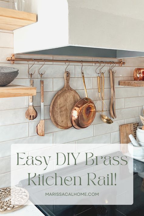 Make your own brass kitchen rail to hang your pots or utensils. This DIY is easier than it looks! Kitchen Hanging Organization, Spatula Hanging Ideas, Railing In Kitchen, Kitchen Backsplash Hanging Rod, Kitchen Rail Styling, Pot Rail Behind Stove, Rod With Hooks Kitchen, Hanging Kitchen Utensils On Wall, Hanging Rod Above Stove