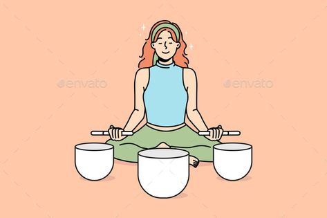 Calm Woman Meditate with Singing Bowls Calm Woman, Bowl Illustration, Practice Sketches, Singing Bowl Meditation, Lotus Pose, Graphic Design Photoshop, Design Photoshop, Singing Bowl, Sound Healing