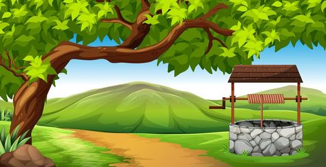 Scene with stone well in the field Field Illustration, Jungle Images, Stone Well, Free Cartoon Characters, Farm Cartoon, Forest Cartoon, Lotus Flower Wallpaper, Gacha Backgrounds, Photoshop Backgrounds Backdrops