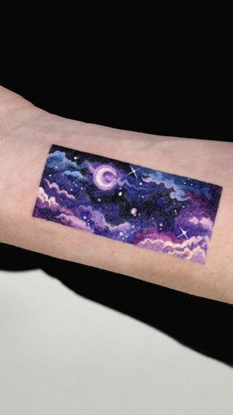 Watercolour Galaxy Tattoo, Galaxy Arm Tattoo, Night Sky Tattoo, Night Sky Tattoos, Galaxy Tattoos, Orchid Tattoos, Watercolor Galaxy Tattoo, 2023 Tattoo, Watercolour Tattoos