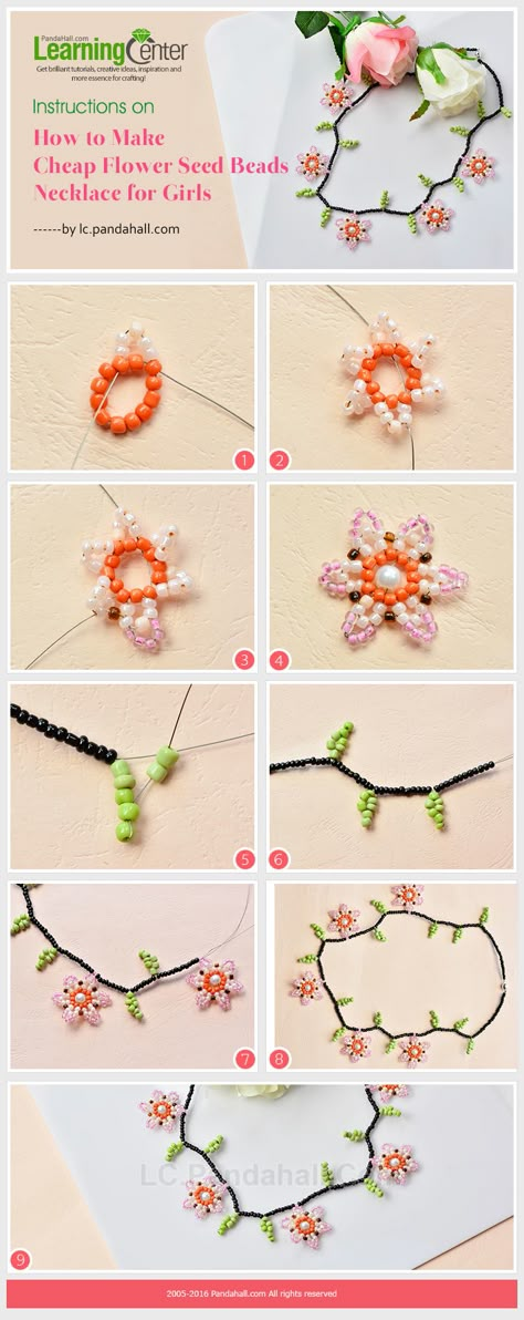 Instructions on How to Make Cheap Flower Seed Beads Necklace for Girls from LC.Pandahall.com Free Beading Patterns Tutorials, Beaded Flower Necklace, Seed Beads Necklace, Seed Bead Flowers, Necklace For Girls, Flower Chain, Beaded Necklace Patterns, Motifs Perler, Seed Bead Patterns