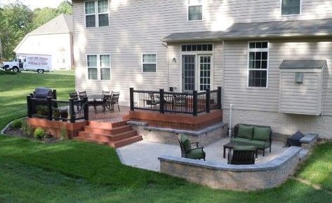 deck and patio combination - for ours the deck would just be a 2nd story rather than 4 steps. Patio Plan, Small Backyard Decks, Deck Or Patio, Backyard Patio Deck, Deck And Patio, Patio Deck Designs, Cozy Backyard, Deck Designs Backyard, Deck With Pergola