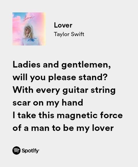 taylor swift lover spotify lyrics Lover Spotify Lyrics, Lover Spotify, Taylor Swift Lover Songs, Taylor Swift Bio, Taylor Swift Lyric Quotes, Taylor Swift Song Lyrics, Taylor Swift Lover, Taylor Songs, Song Words