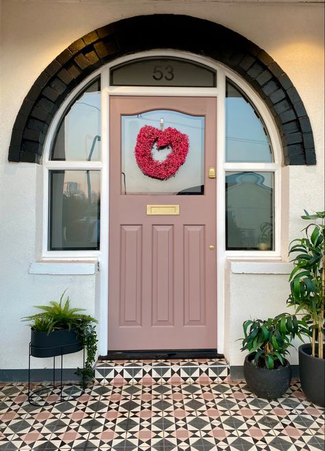 Dusky Pink Front Door, Sulking Room Pink Front Door, Front Hallway, Pink Front Door, Porch Windows, 1930s House, White Tile Floor, Pink Door, Exterior Front Doors