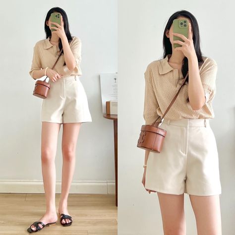 Kakhi Short Outfits, Beige Shorts Outfit Summer, Khaki Shorts Outfit Women, Trouser Shorts Outfit, Beige Shorts Outfit, Khaki Shorts Outfit, Short Women Outfits, Casual Shorts Outfit, Knitted Top Outfit