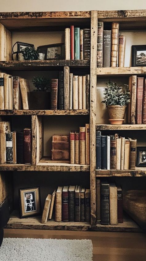 Create a unique, rustic bookshelf using wooden crates! This easy DIY project is perfect for adding stylish storage to any room while repurposing materials in a sustainable way. Customize your bookshelf to fit your space and organize your books or decor with a touch of rustic charm. 📚🛠 #DIYBookshelf #UpcycledCrates #RusticDecor #EcoFriendlyHome Antique Bookshelf, Unique Bookshelves, Rustic Bookshelf, Diy Bookshelf, Aesthetic Dream, Books Decor, Bookshelf Design, Bookshelves Diy, Living Room Design Ideas