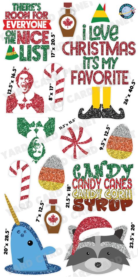 Celebrate this Christmas with the instant movie classic, Elf. You will definitely be the envy of the neighborhood with our awesome Glitter Pattern Elf Movie Christmas Signs and Yard Card Flair Set. This set makes a great addition to any holiday lawn sign display and can easily be customized by adding a greeting, a name as well as Christmas and other fun Winter flair pieces as part of the yard card setup. You will receive 14 lawn signs, professionally printed, precision cut and ready to stake in Elf Movie Ornaments Diy, Elf Movie Aesthetic, Elf Movie Decorations, Buddy The Elf Party, Movie Cookies, Mr Narwhal, Maple Syrup Bottle, School Drawings, Elf The Movie